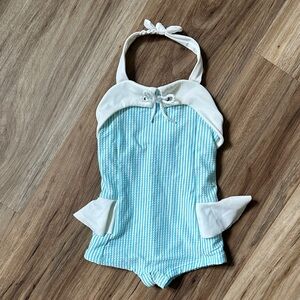 Blue and White Striped Halter Swimsuit